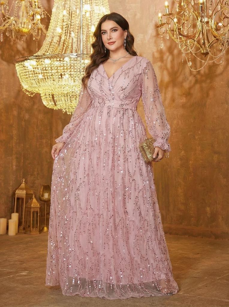 Plus Size Womens Elegant Sequined Bridesmaid Dress V-Neck Long Sleeve Slit Fitted Temperament Wedding Party Dress