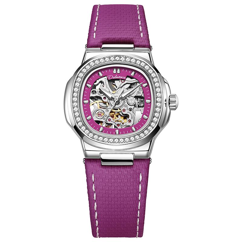Ladies Automatic Watch Skeleton Mechanical Sky Blue Strap Fashion Diamond Crystal Evening Banquet Dress Watches for Women