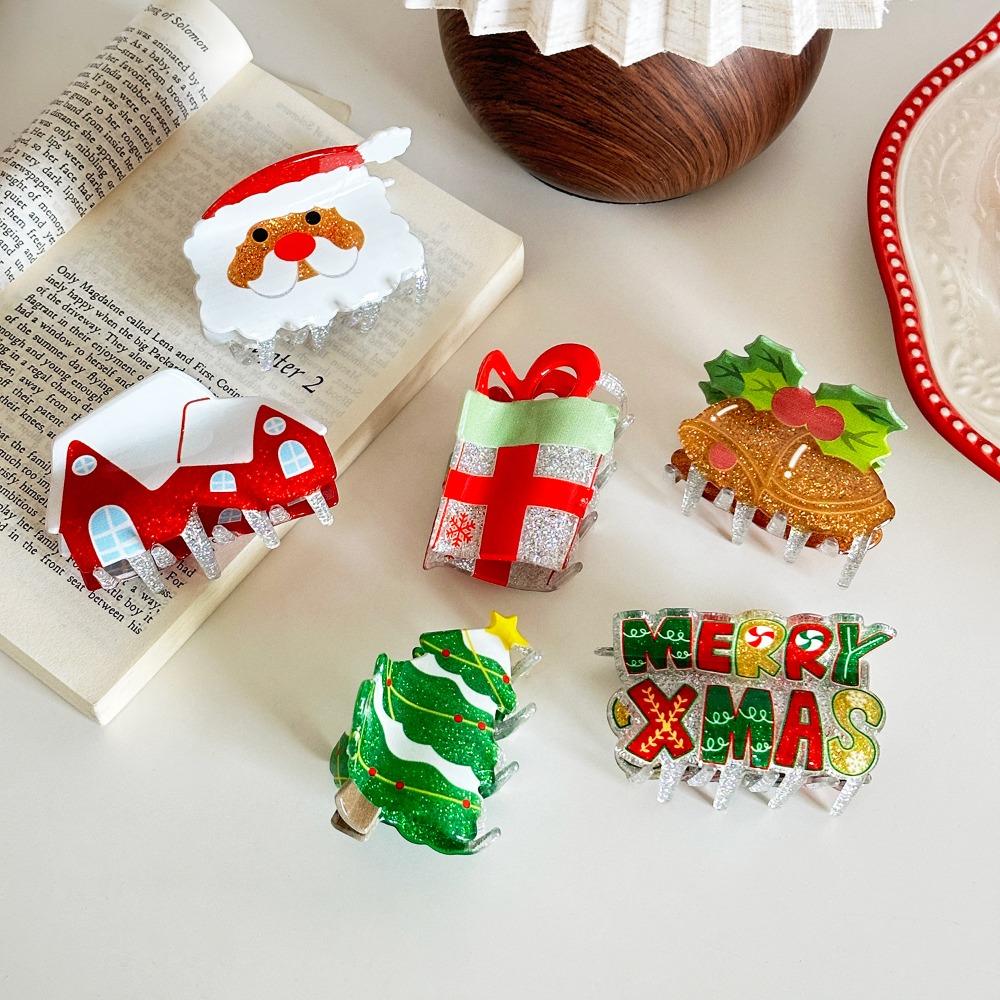 Glitter Santa Claus Shark Clip Snowhouse Cartoon Hair Grab Clip Christmas Tree Hair Claw Girl