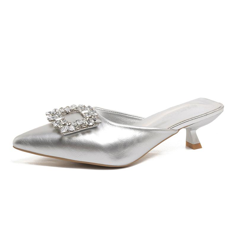 

Fashion Pointed Toe Shallow Slip Rhinestone Square Buckle Stiletto Heel Semi-drag Women s Fashion Non-Slip Wear-Resistant Wrapped 40 серебряный