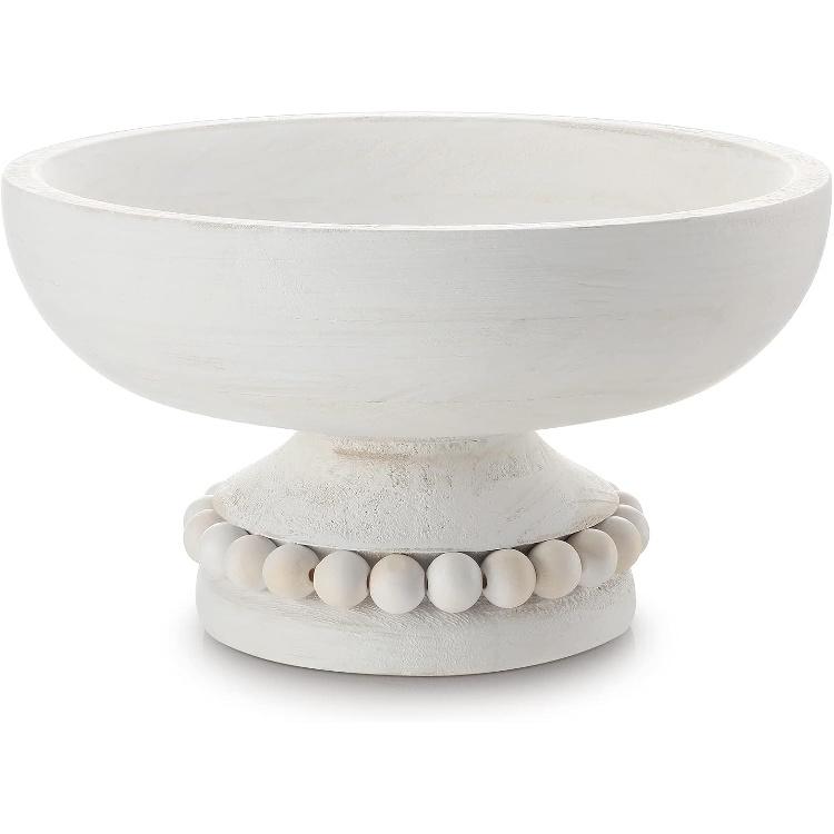 Amyhill Distressed Beaded Wood Pedestal Bowl Decorative Wooden Beaded Bowl Wood Pedestal Bowl Serving Bowl for Farmhouse Kitchen Decor(White)