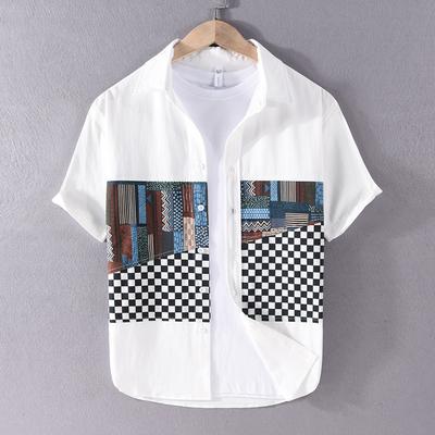 Japanese Style Mens Short Sleeve Shirt Loose Summer Tops Youth Streetwear Stitching Printed Shirts Pure Cotton Casual Shirt
