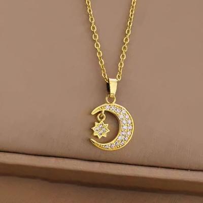 1 Pcs Star and Moon with Zirconia Copper Pendant Necklace Girls Style Gift Jewelry