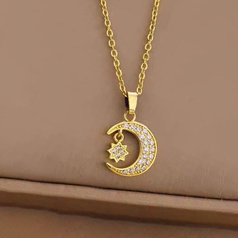 1 Stück Stern und Mond mit Zirkonia Kupfer Anhänger Halskette Mädchen Stil Geschenk Schmuck