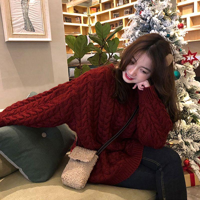 

Fall and Winter New Arrival Women s Clothing Cable-Knit Sweater Student Loose Retro Temperament Crew Neck Mid Length Long Length Knitting Outwear Red Free size