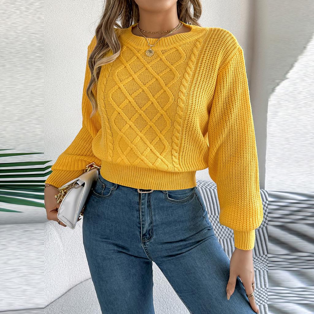 Women's Fashion Solid Color Cable-knit Long-sleeved Waist Pullover Sweater