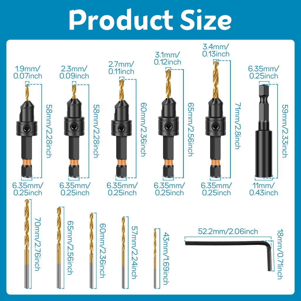5-teiliges HSS-Senkerbohrer-Set mit austauschbaren Bohrern magnetischem Halter L-Schlüssel für Bohrmaschine geeignet für schnelles