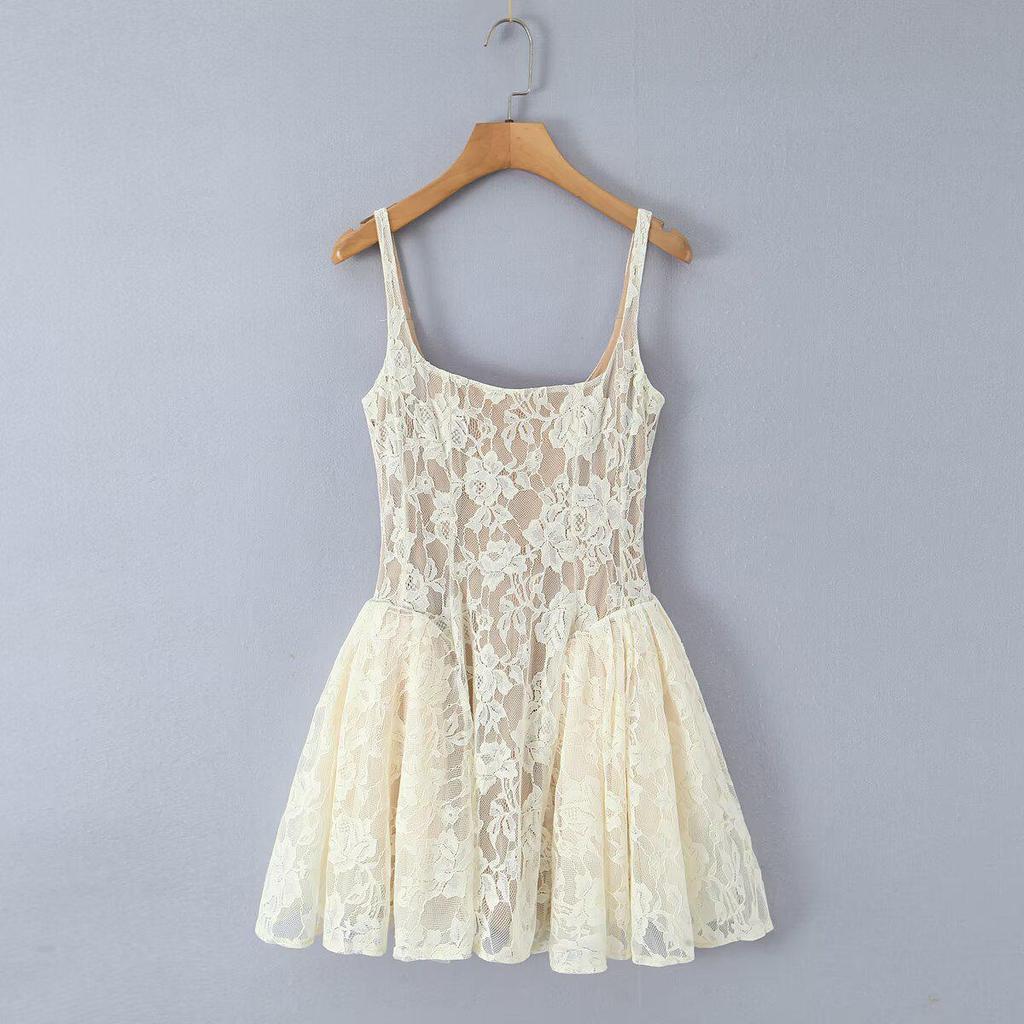 Elegant 2026 Sweet Lace Knit Camisole Dress with Retro Square Neck & Backless Design