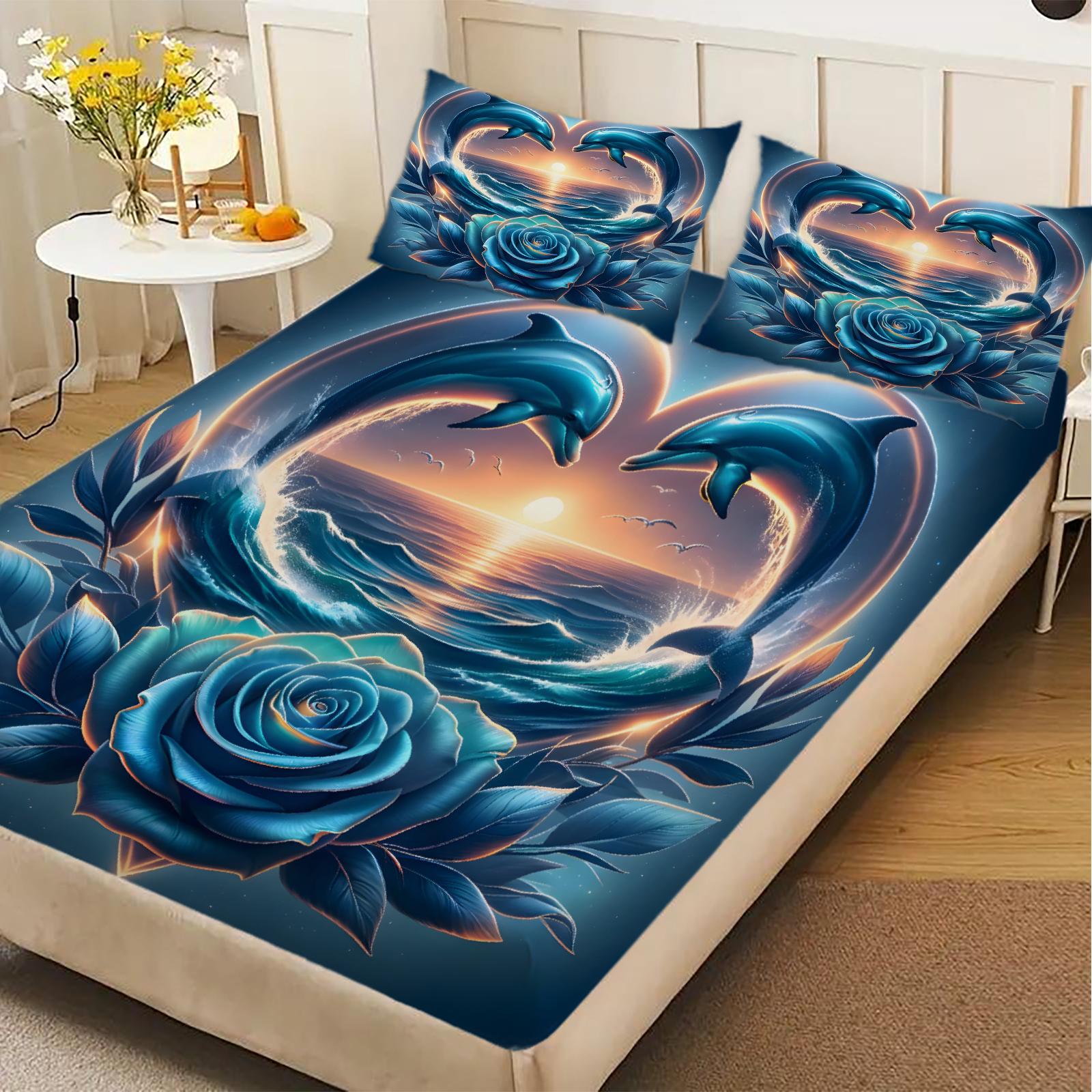 Dolphin Rose Fitted Sheet Set Blue Ocean Sunset Heart Pattern Bedding With Pillowcases For Bedroom 135x200cm