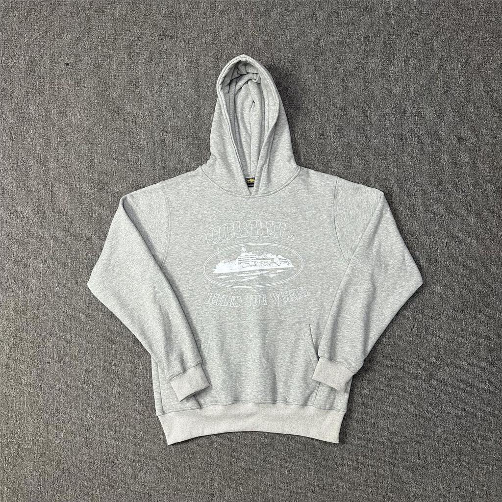 Corteiz Classic Series Ship Print Logo Thin Plush Loop Hooded Sweater, Trendy Men's and Women's Casual Sweatpants