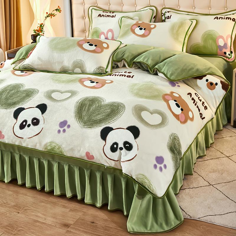 Thickened Milk Fleece Four-Piece Coral Fleece Quilt Cover, Bed Sheet Fleece Double-Sided Fleece Flannel Bedding, Bed Skirt
