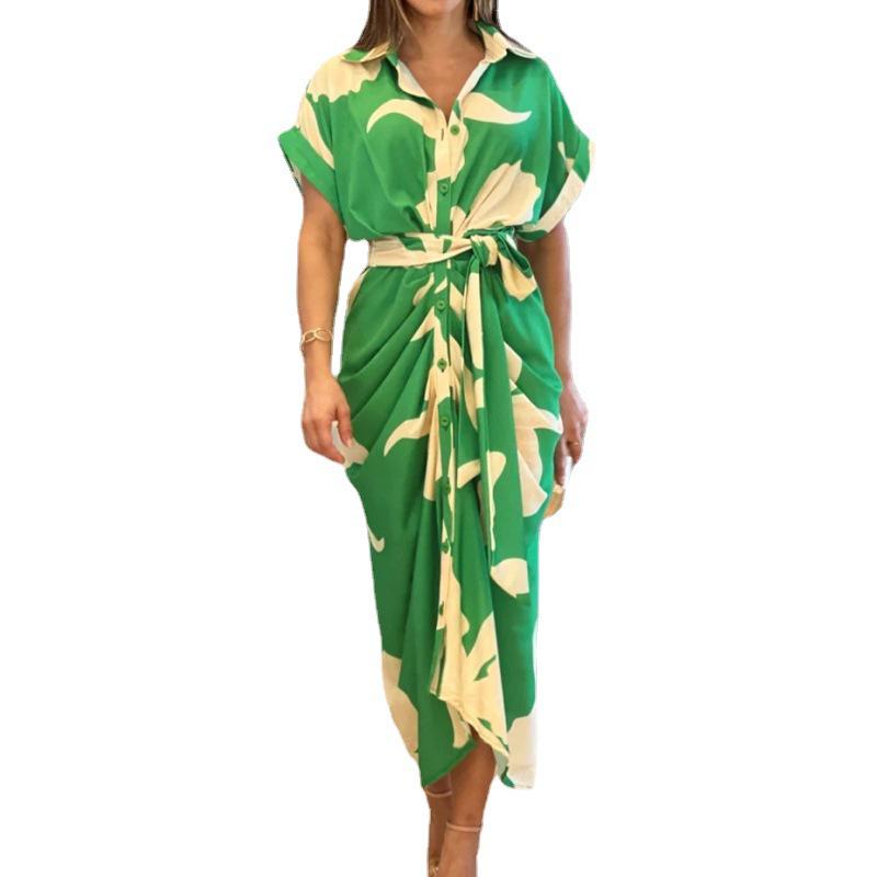 2024 INS Autumn Women's European & American High Waist Print Shirt Dress with Turn-down Collar and Short Sleeves