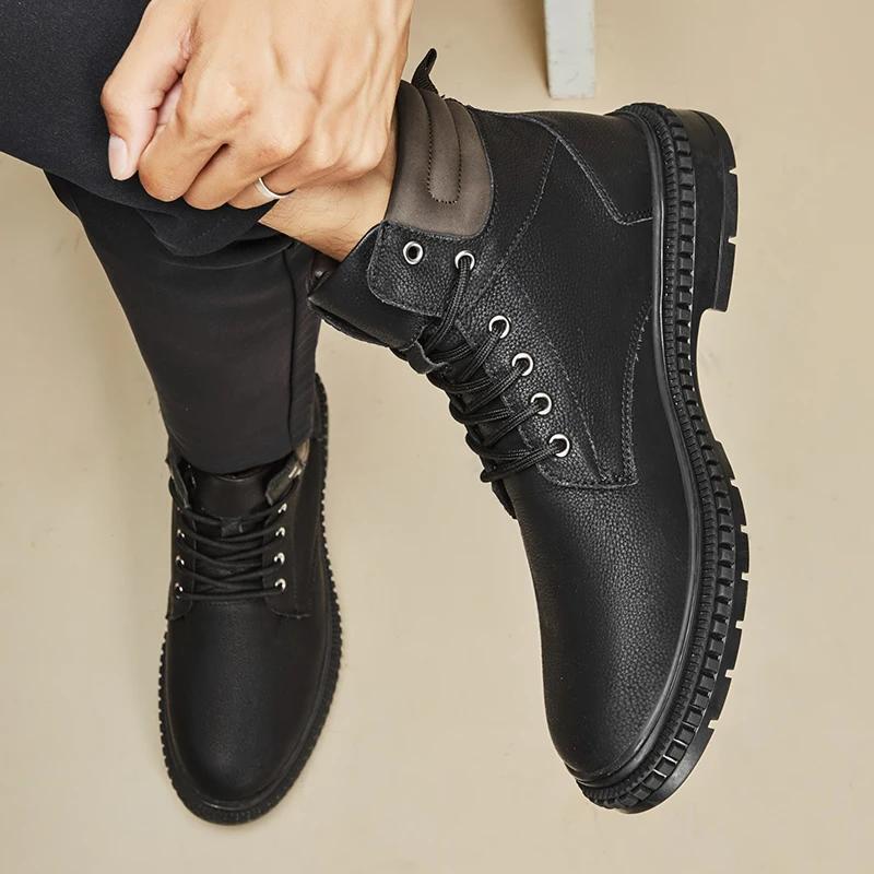 New Italian Mens Handmade Genuine Leather Boots Outdoor Antiskid Motorcycle Boot Fashion Thick Bottom Lace-Up Boot Walking Shoes