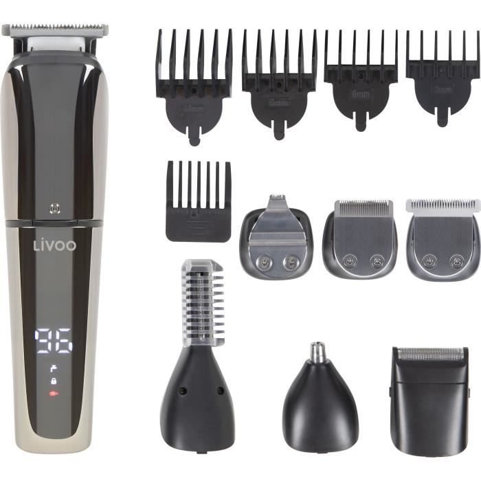 Set Tondeuse Multifonction - LIVOO - DOS196 - 3,7 V - 90 Min - 6 Têtes - 5 Sabots - IPX6 - Noir / Argent