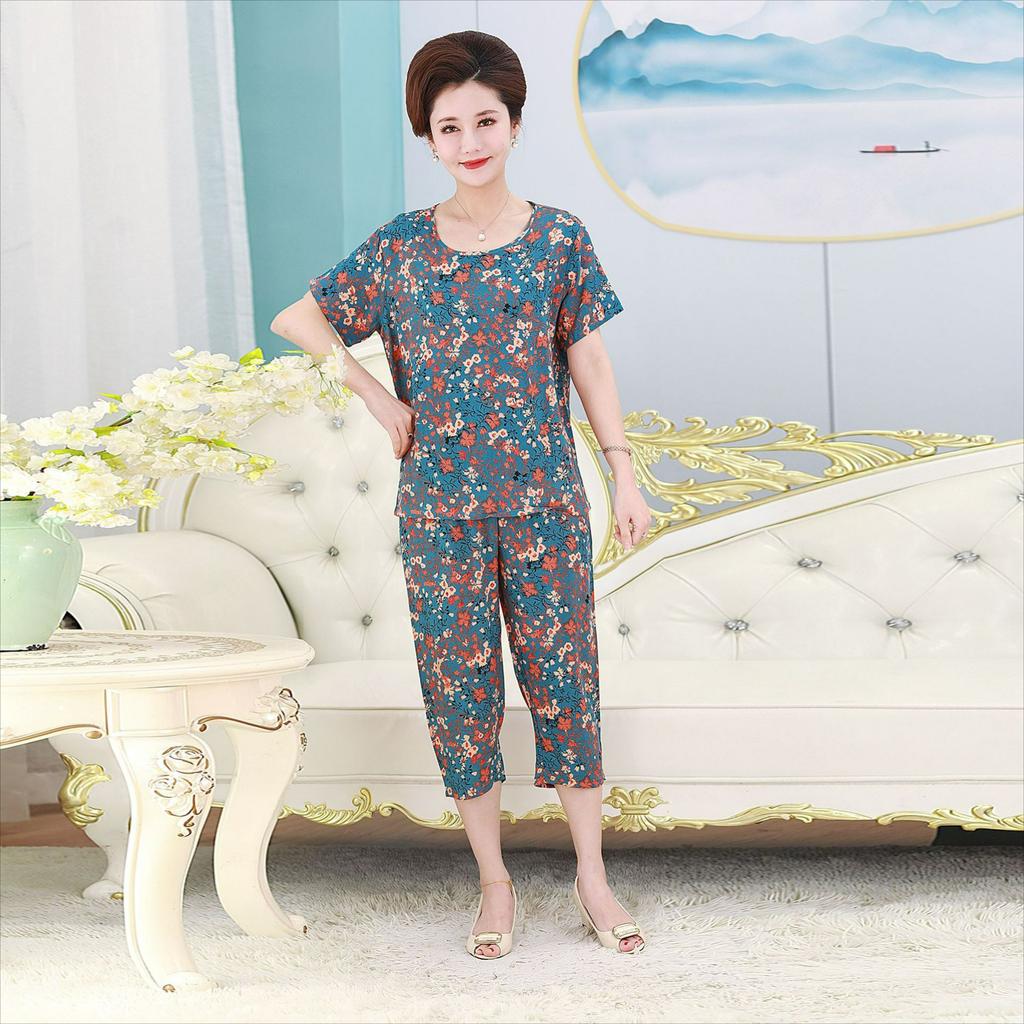 Women's Summer Suits, Casual Plus Size Artificial Cotton Short-sleeved Middle-aged Mother Pajamas, Homewear