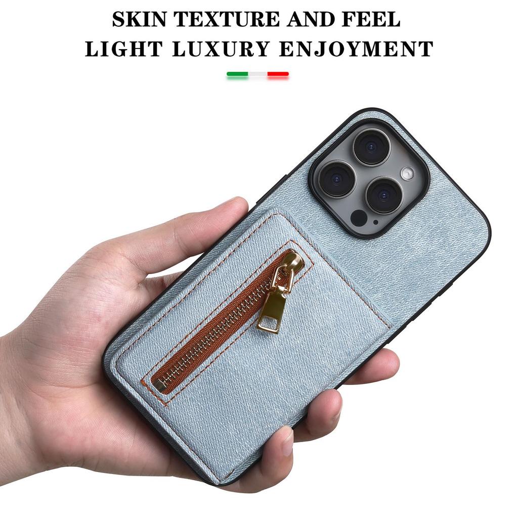 iPhone 17 Case with Denim Texture and Zipper Card Holder for Apple 16 Pro Max/15/14