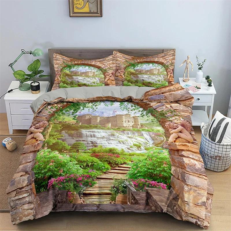 

Natural Landscape Duvet Cover Set Single Twin King Waterfall Bedding Set Polyester Mountains River Comforter Cover For Boys Girl EU Single(135*200cm)3pcs