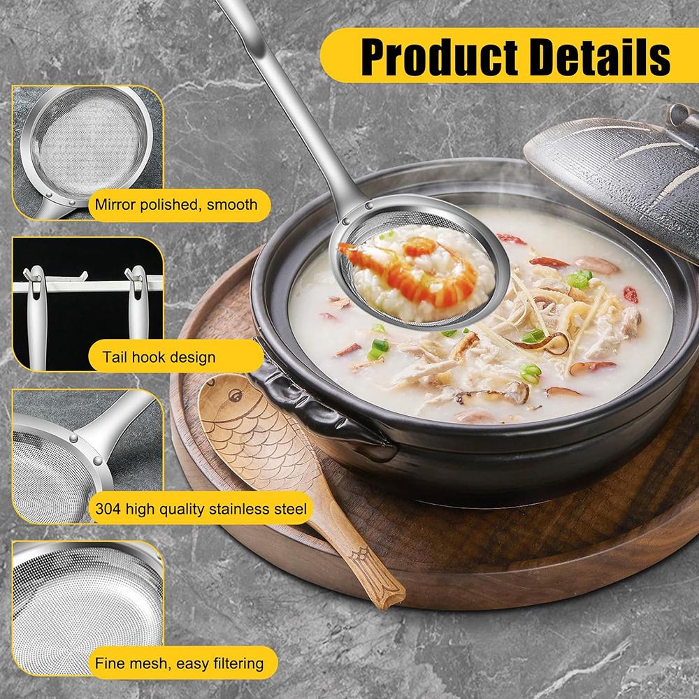2 Pcs 304 Stainless Steel Extra Fine Mesh Strainer for Skimming Grease and Foam
