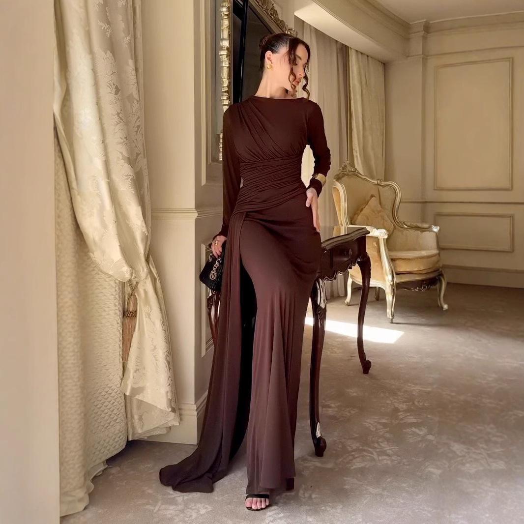 2025 Summer Elegant Ruffled Long-Sleeve Evening Dress with Slit XS кофейный