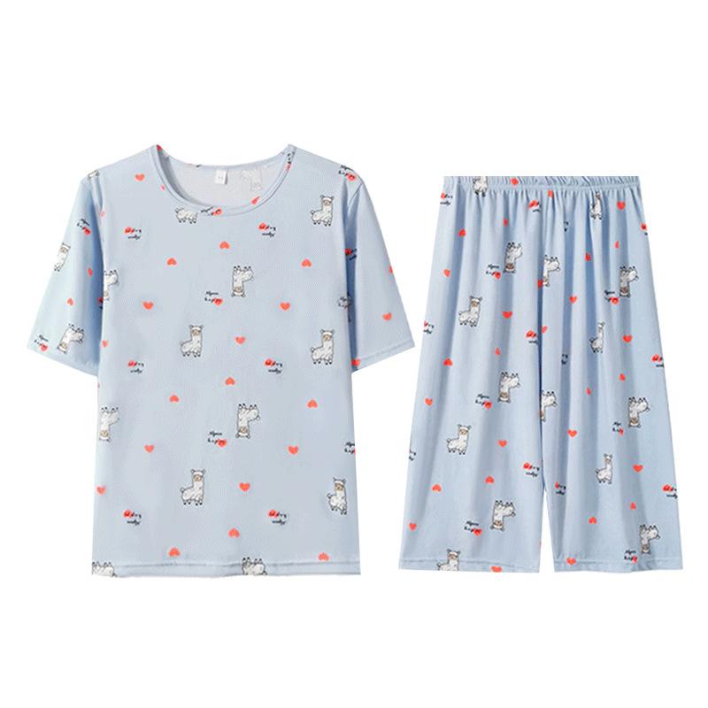 Korean New Short-sleeved Cropped Pants Homewear Suit Summer Thin Pajamas Women's Simple Casual Style Can Be Worn Outside