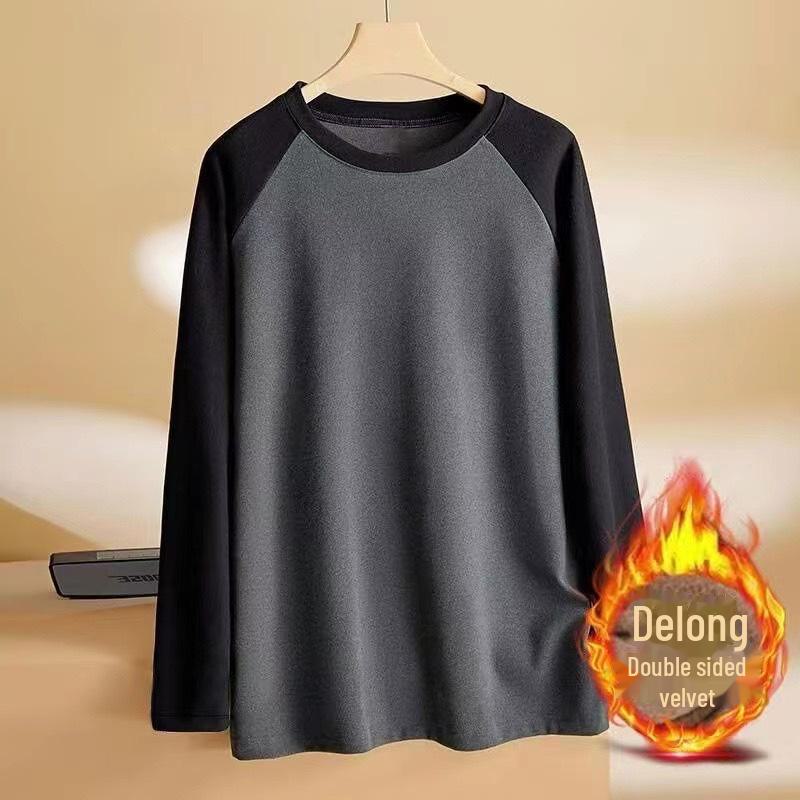 Men's Large Double-Sided German Velvet Sweatshirt - Autumn/Winter Round Neck Long Sleeve Casual Warm Stitching Bottom T-Shirt