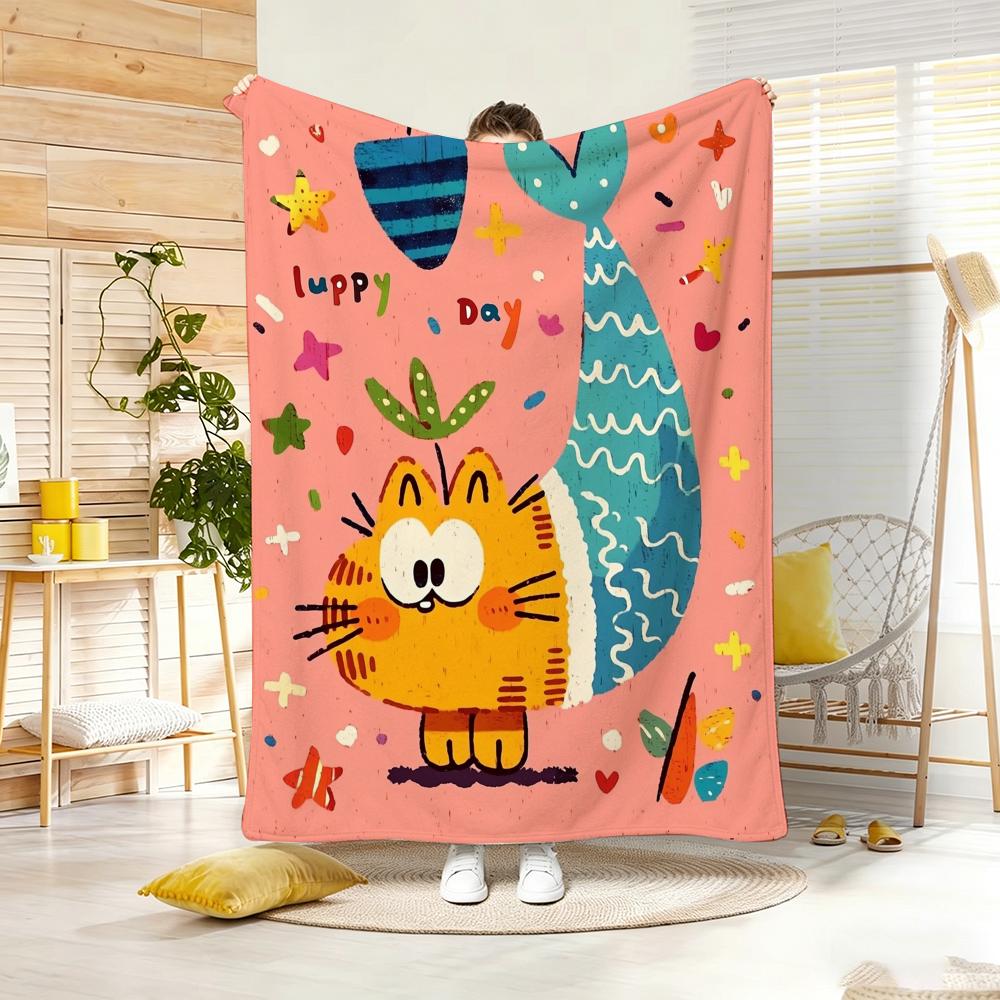 Painting Cute Cat And Fish Throw Lightweight g Flannel Blanket Soft Skinfriendly for Summer Cooling