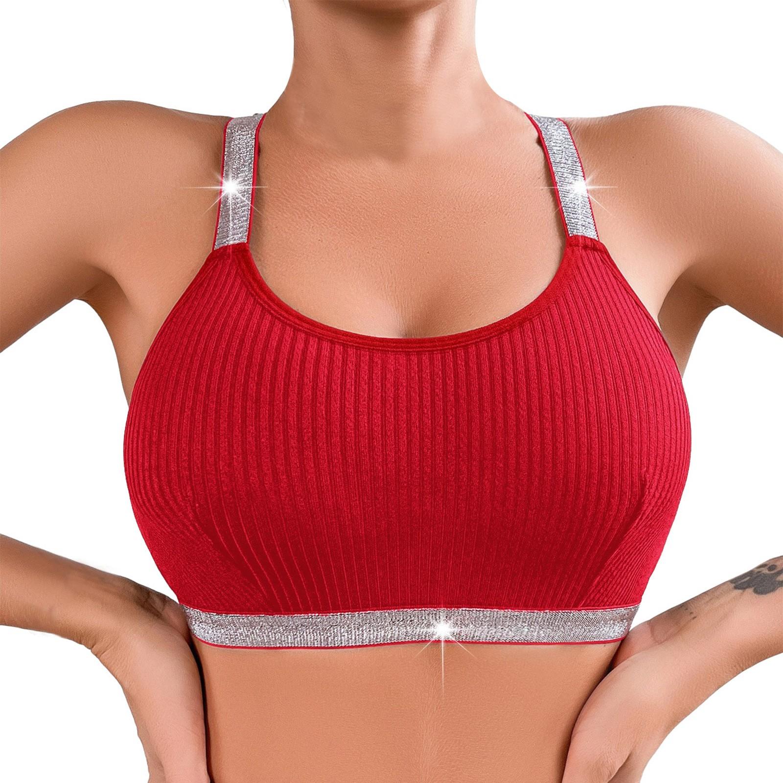Women s Seamless Ribbed Sports Bra with Sparkling Straps, Comfortable Wireless Support for Yoga, Gym, and Everyday Wear M красный