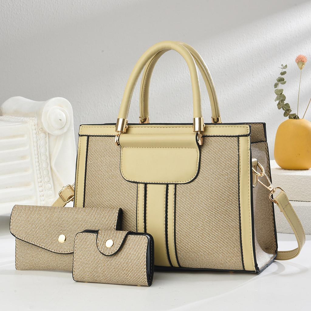 New High Appearance Horizontal Splicing Bag Three-piece Canvas Texture Handbag Leisure Large Capacity Single Shoulder Crossbody Bag