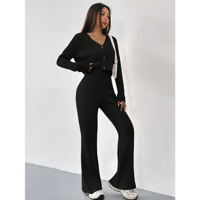 Dámský podzimní ležérní rovný kalhotový oblek s výstřihem do V