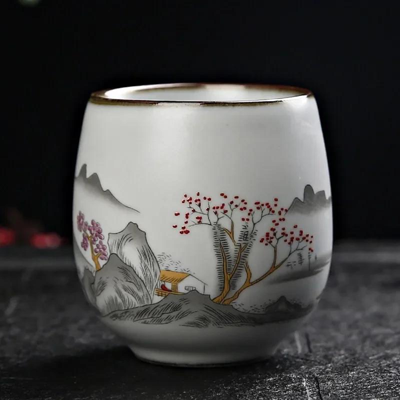 Chinese Tea Teacups, Creative Ceramic Teaware, Master Cup, Retro Ru Kiln Cracked Drinkware for Puer Tea, Wine, Household 100ml