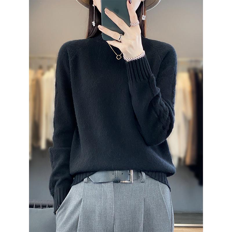 2024 Fall/Winter Women's Korean Slim Fit Wool Sweater - Solid Color, Long Sleeve Knitwear