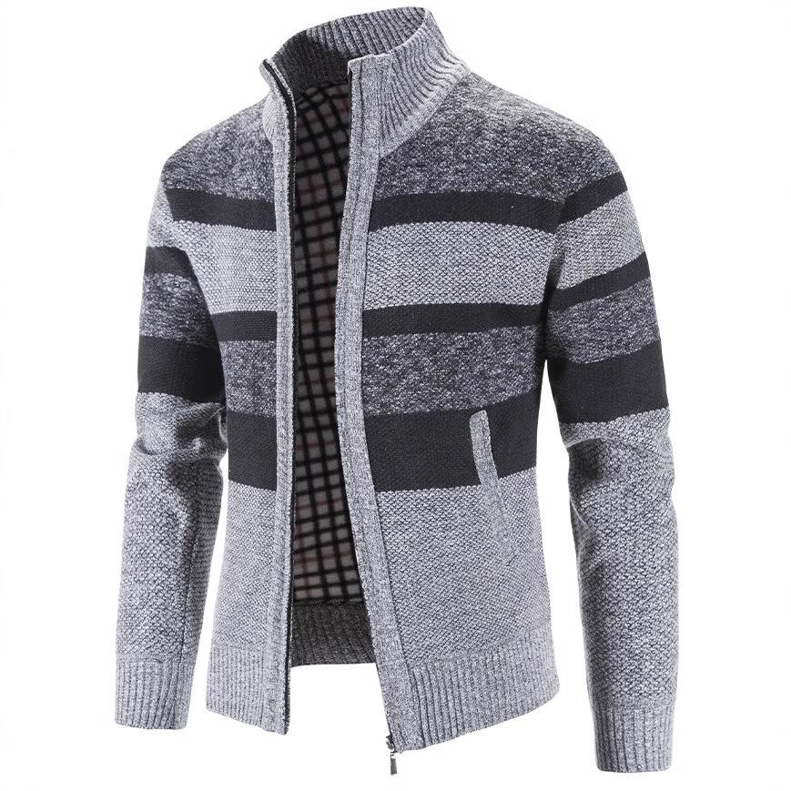 2024 Men's Stand Collar Color Block Plus Velvet Thick Sweater Jacket, Autumn/Winter Collection