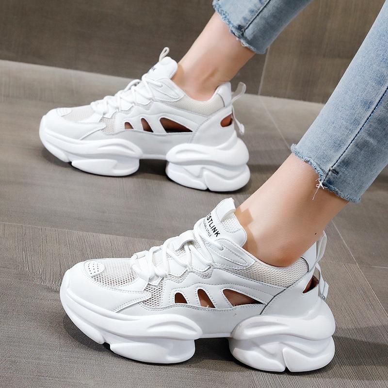 Dad's Shoes for Women  Spring New Style Breathable Mesh Casual Sports Shoes Thick Sole Inner Heightening White Women's Shoes