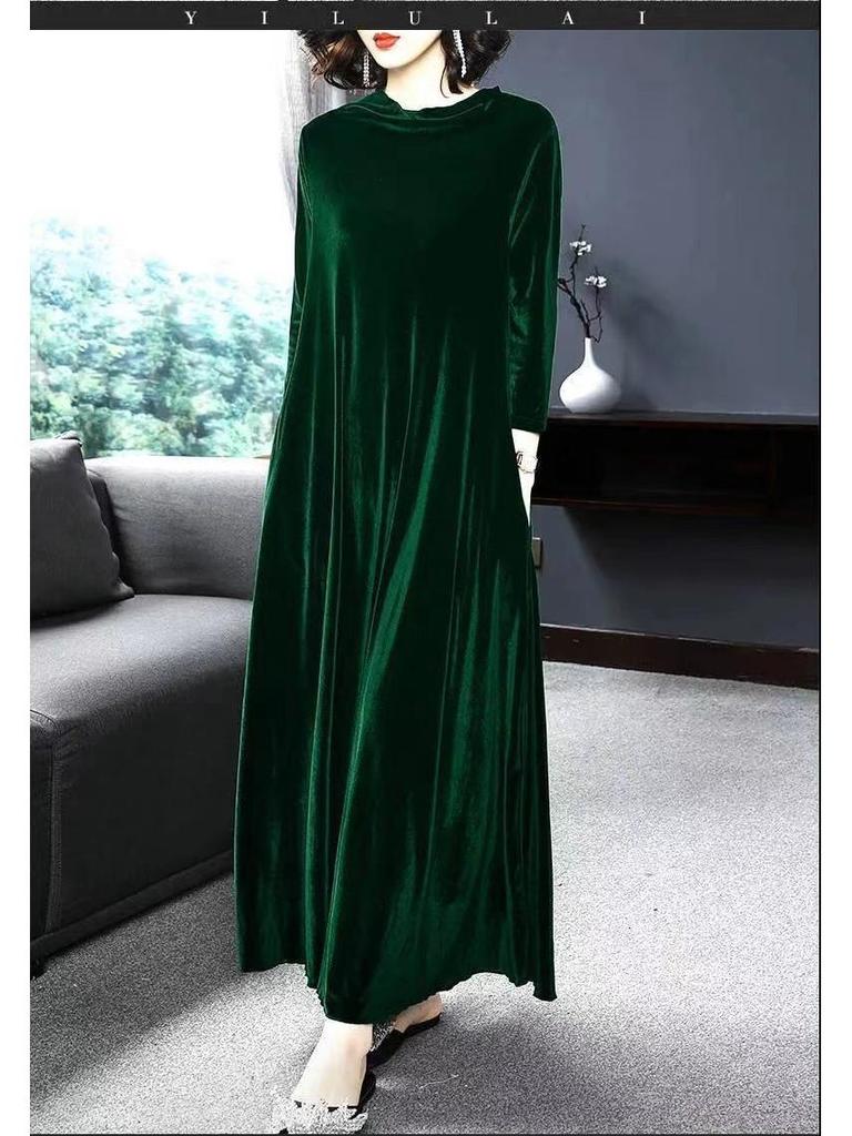 Women's Gold Velvet Knee-Length Dress - Autumn/Winter Collection