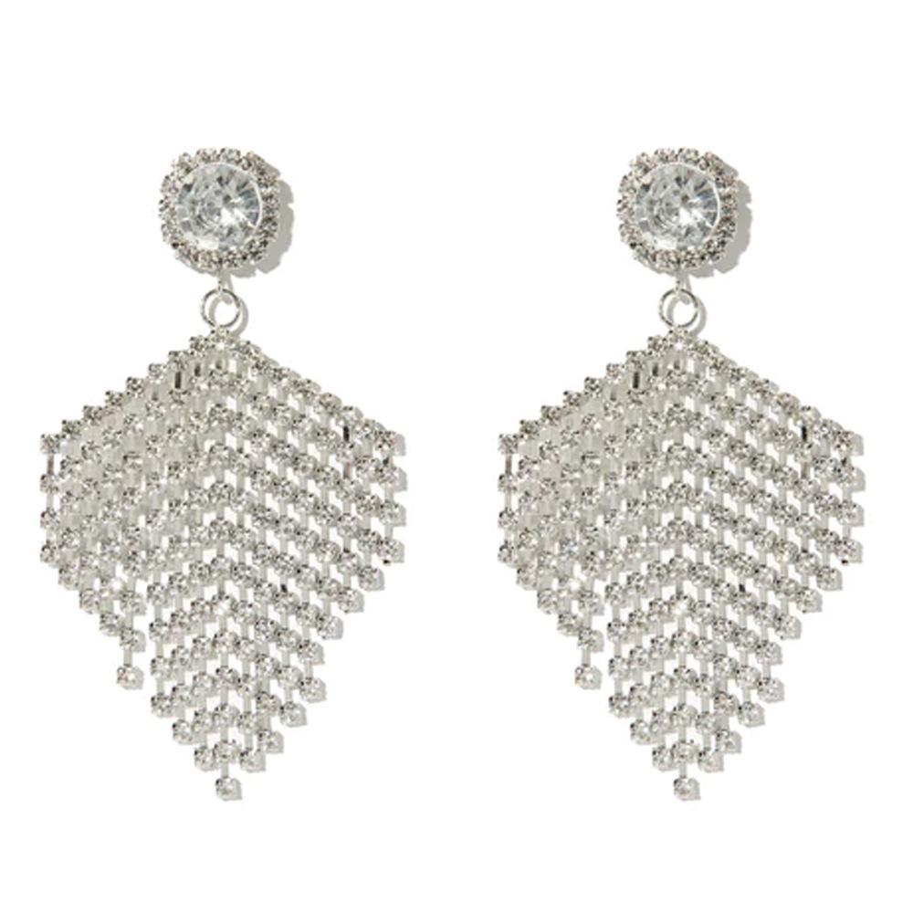 Full Diamond Fringed Earrings, Stylish Luxury Rhinestone Earrings Premium Accessories Earrings серебряный