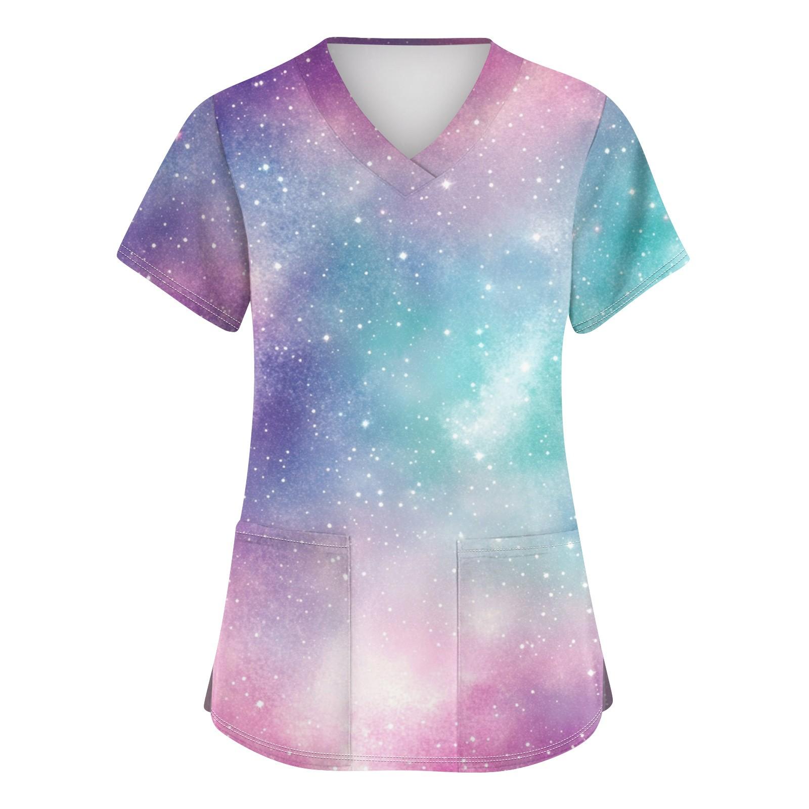 

Женская мода с v-образным вырезом, короткими рукавами и карманами, топы с принтом S