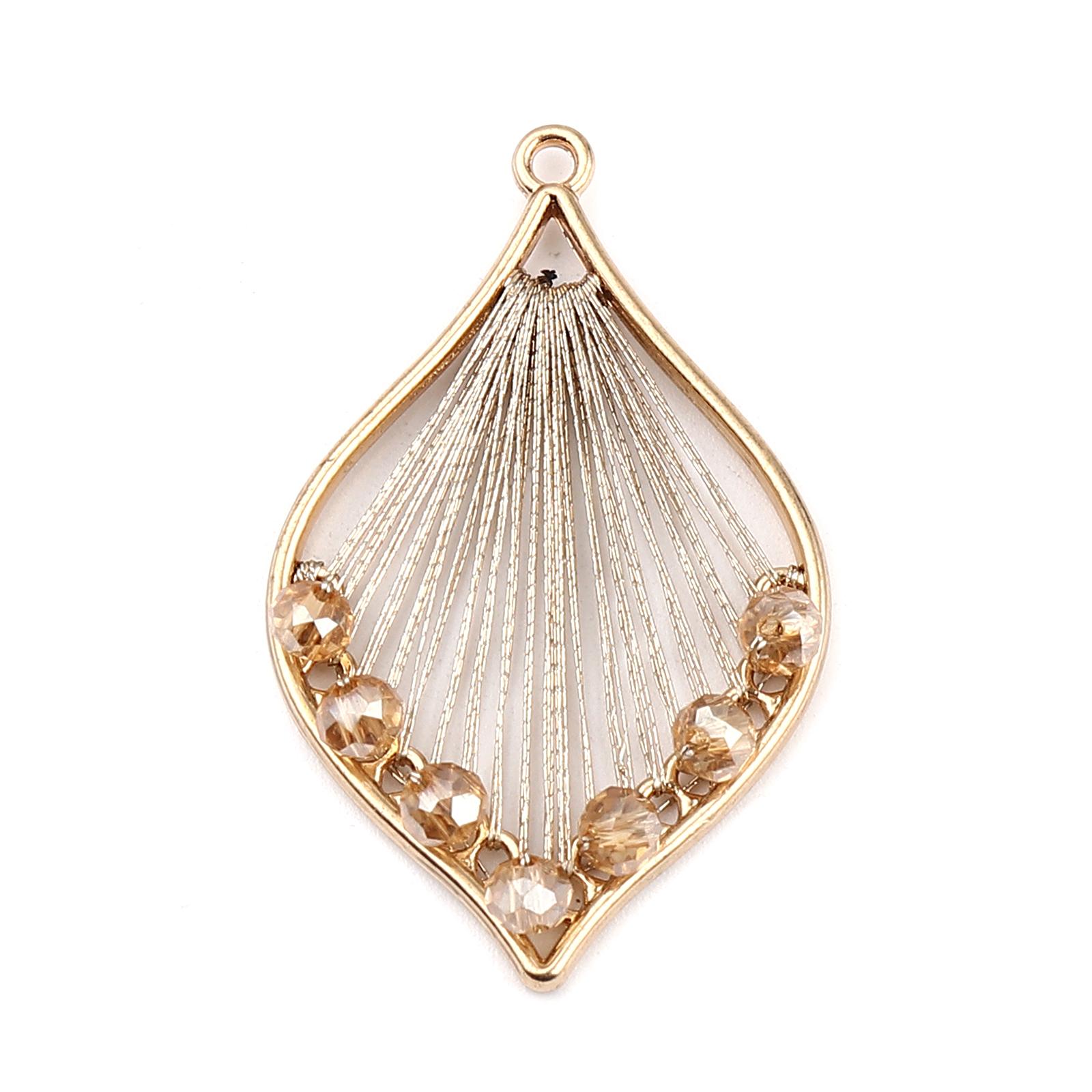 

3 PCs Iron Based Alloy & Glass Thread Wrapped Pendants Leaf Gold Color Champagne For DIY Necklace Making 42mm x 26mm