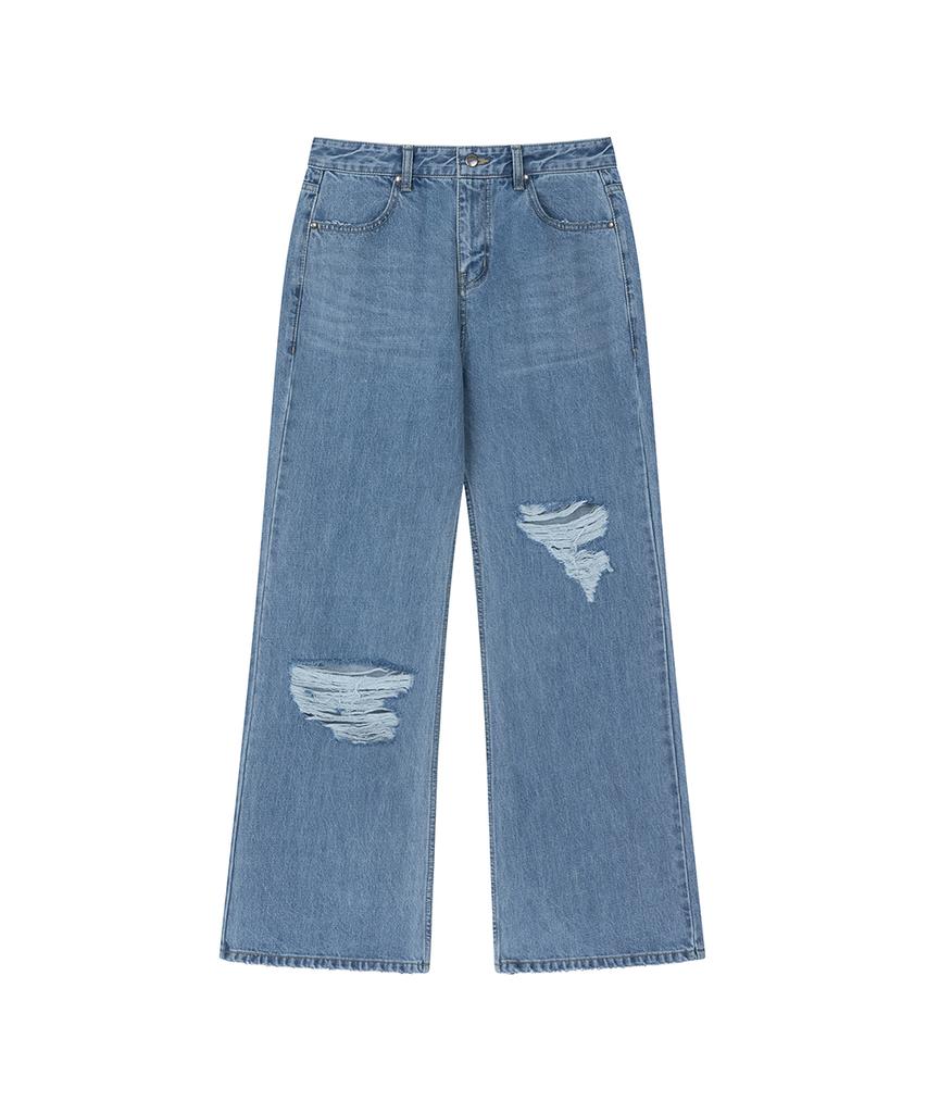 Lotaib Damage Semi-Bootcut Denim Pants - Mid Blue