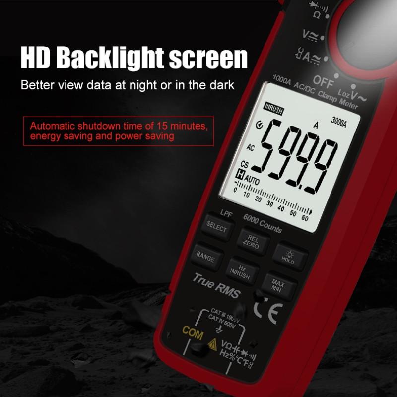 RMS Digital Clamp Meter AC Current 1000A AC DC Voltage 1000V 6000 Count Inrush Current Diode Continuity Measurement Tool