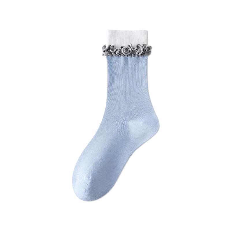 Women's Boneless Spring and Autumn Socks, Cotton Socks, Ballet-style, Black Ear-trimmed, White Mid-calf Socks