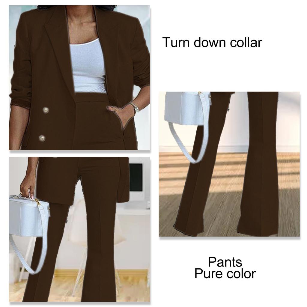 Women 2 Pieces Suit Plain Color Wide Leg Trousers Turn Down Collar 2 Pieces Long Pants Suit for