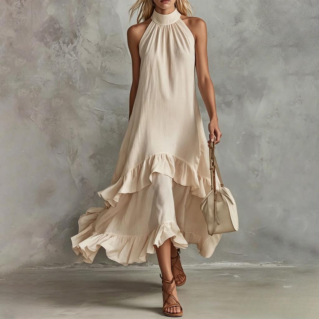 Women's Summer Retro Elegant Casual Round Neck Sleeveless Ruffled Midi Beach Dress