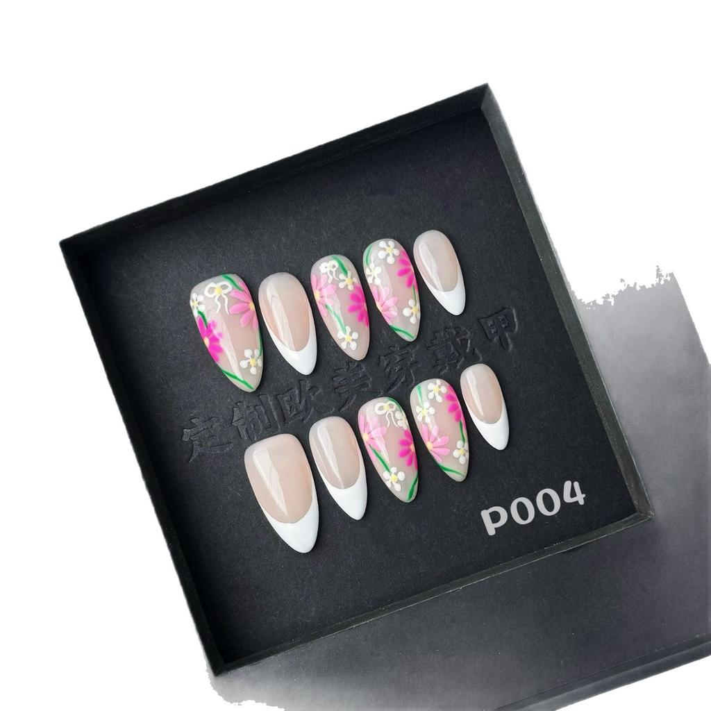Customized Press-on Nails Hand-Painted Spring Blossoms Exclusively Unique Handmade Almond False Nails Western Style Designs with Brightening Effect