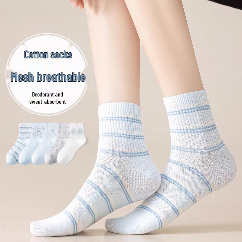 Women's Mid-Calf Odor-Resistant Cotton Socks - Breathable and Thin for Summer