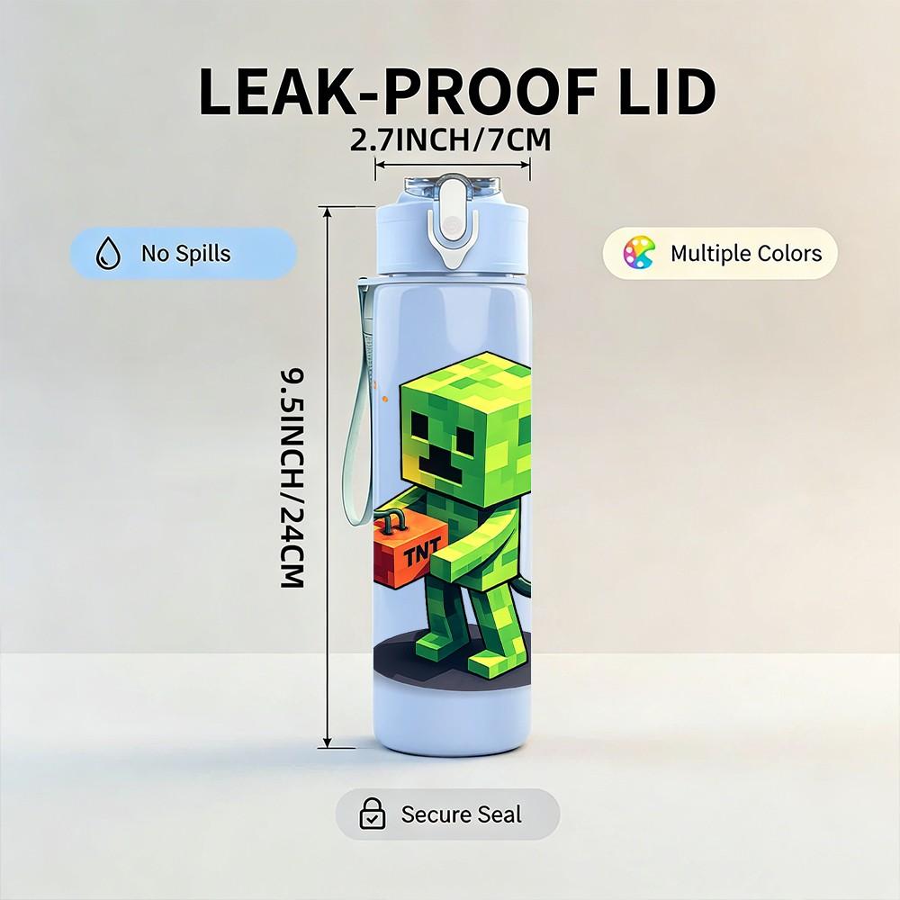 1PC Green Creeper Block Game Character Print 750ml Color Plastic Sports Water Bottle Leakproof Flip Straw Lid Suitable for Sports Office Home Use
