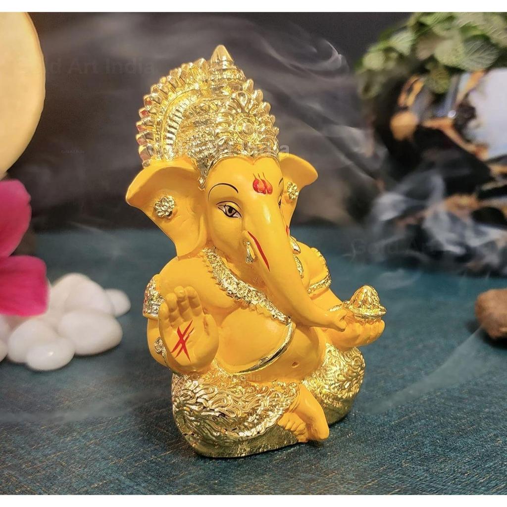 Gold Plated Ganesha with Mango Terracotta Work - 3.5 Inch Height for Home Decor/Office Desk/Car Dashboard