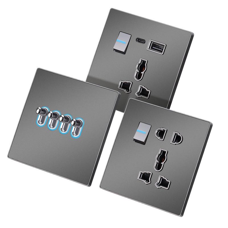 UK Standard Electric Wall Switches Socket Retro Style Stainless Steel Panel Multifunction with 220v Max. Voltage Manufactured UK