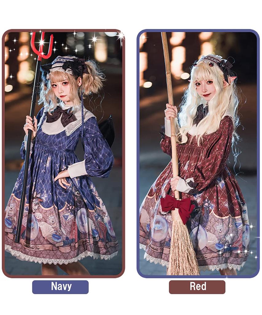 [Milky Time] Lolita Classic Lolita Dress with Mutton Sleeves, Long Sleeves, Magic Crystal, and Cat Design (Navy)
