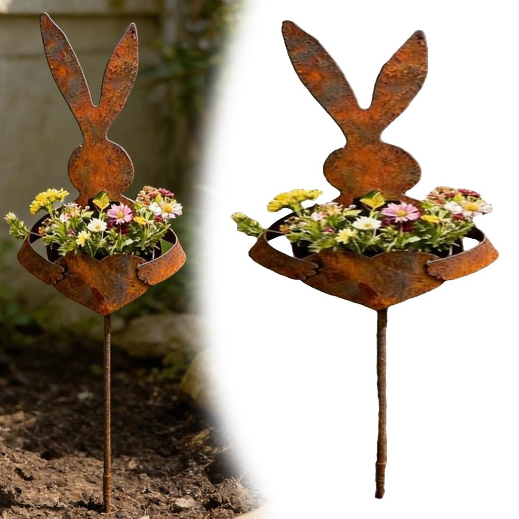 Bunny Yard Stake Plant Holder Rustic Patina Finish Rabbit Silhouette Bunny Planters for Outdoor Plants for Garden Patio Spring