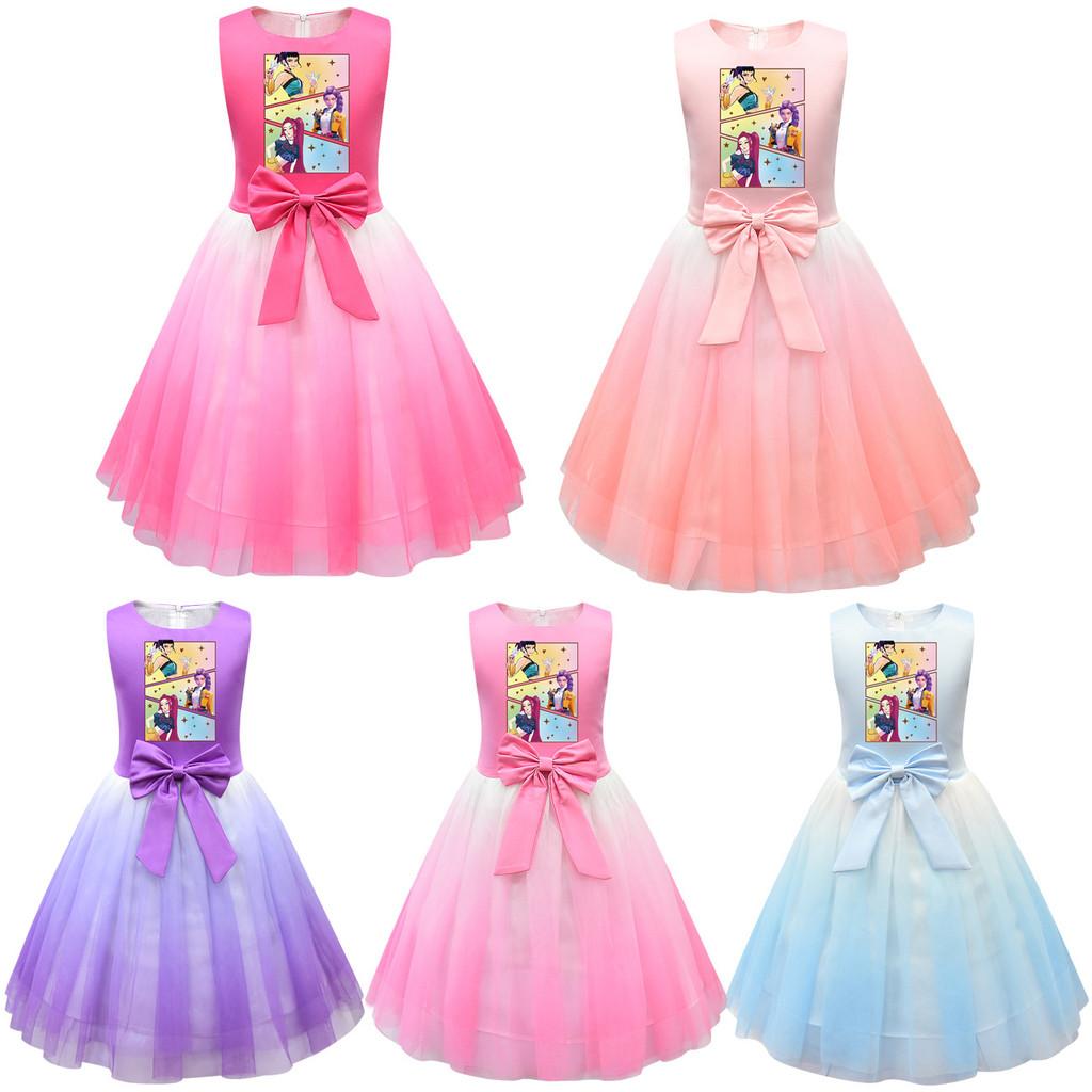Kids Girls Princess K-POP Rumi Zoey Mira Print Bow Sleeveless Mesh Tutu Dress